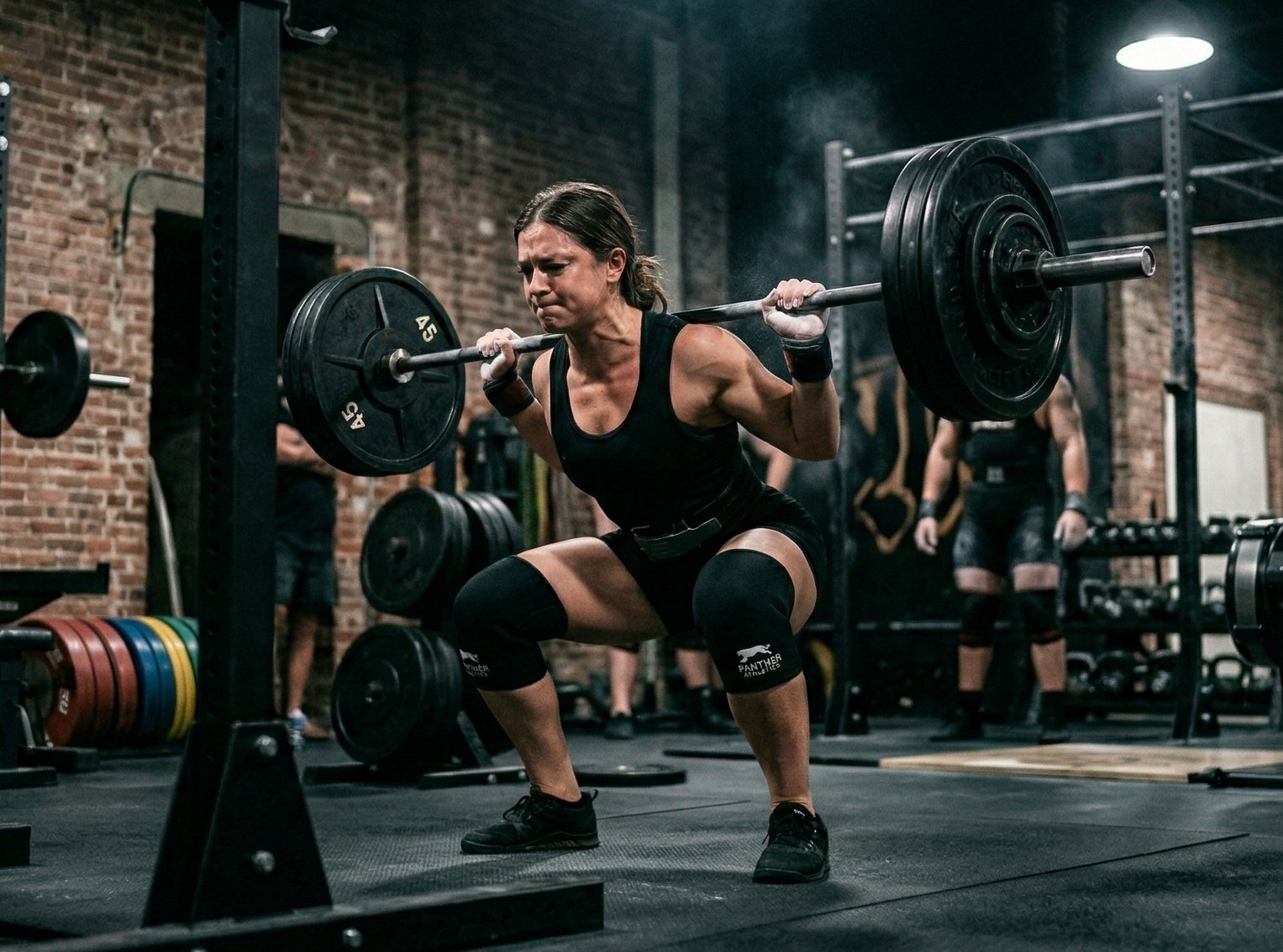 Powerlifter squatting with Panther Athletics knee sleeves