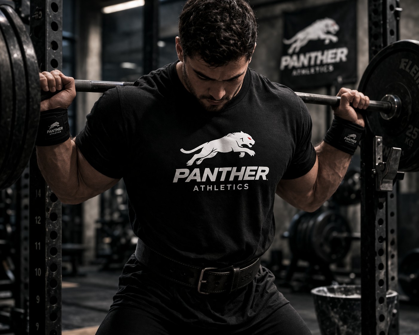 Panther Athletics powerlifter squatting with barbell