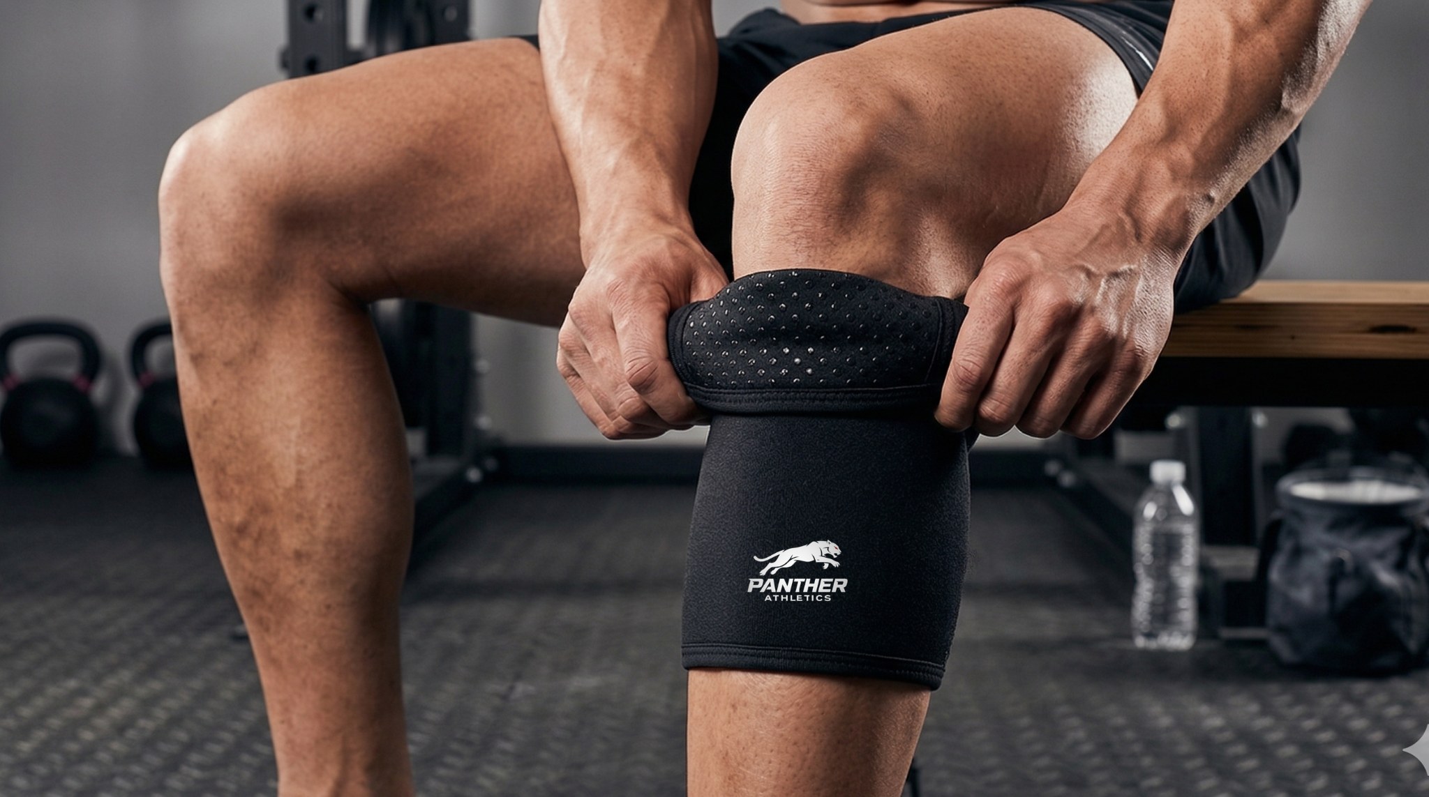Athlete putting on Panther Athletics knee sleeve